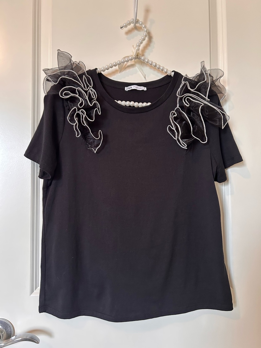 Zara Black Short-Sleeve Tee with Organza Shoulder Ruffles (Never Worn)